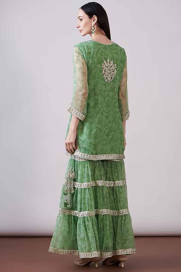 Green Georgette Viscose Printed & Embroidered Gharara Set