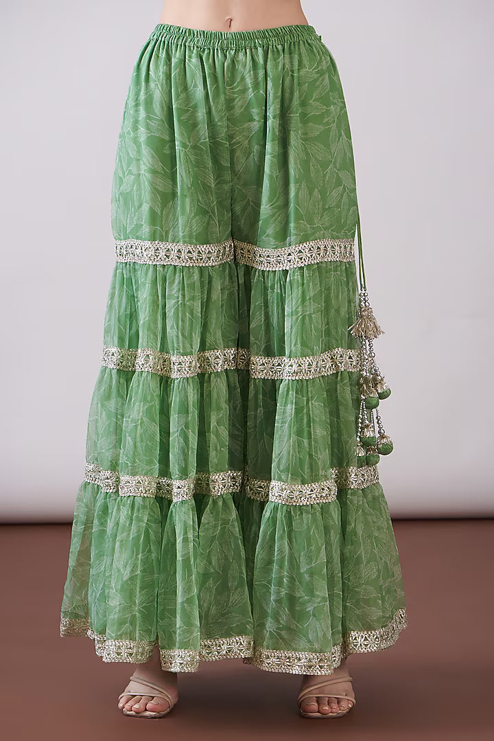 Green Georgette Viscose Printed & Embroidered Gharara Set