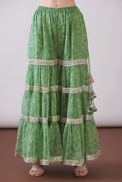 Green Georgette Viscose Printed & Embroidered Gharara Set