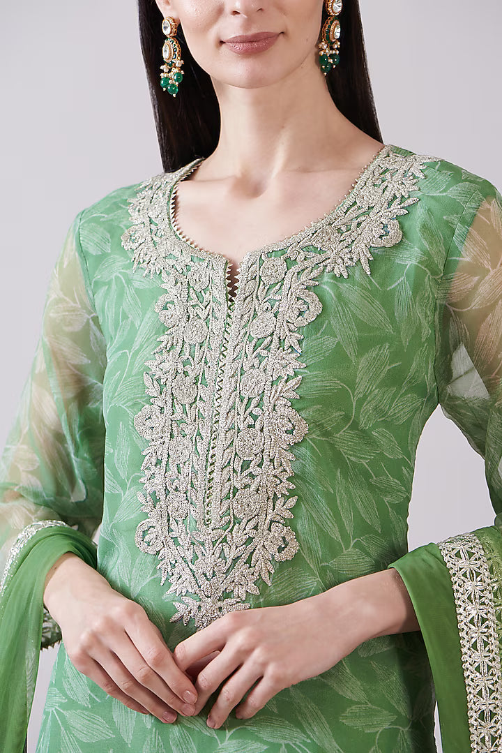 Green Georgette Viscose Printed & Embroidered Gharara Set