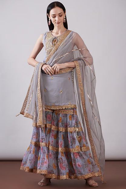 Grey Georgette Viscose Printed & Embroidered Gharara Set