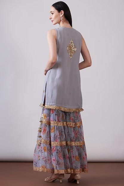 Grey Georgette Viscose Printed & Embroidered Gharara Set