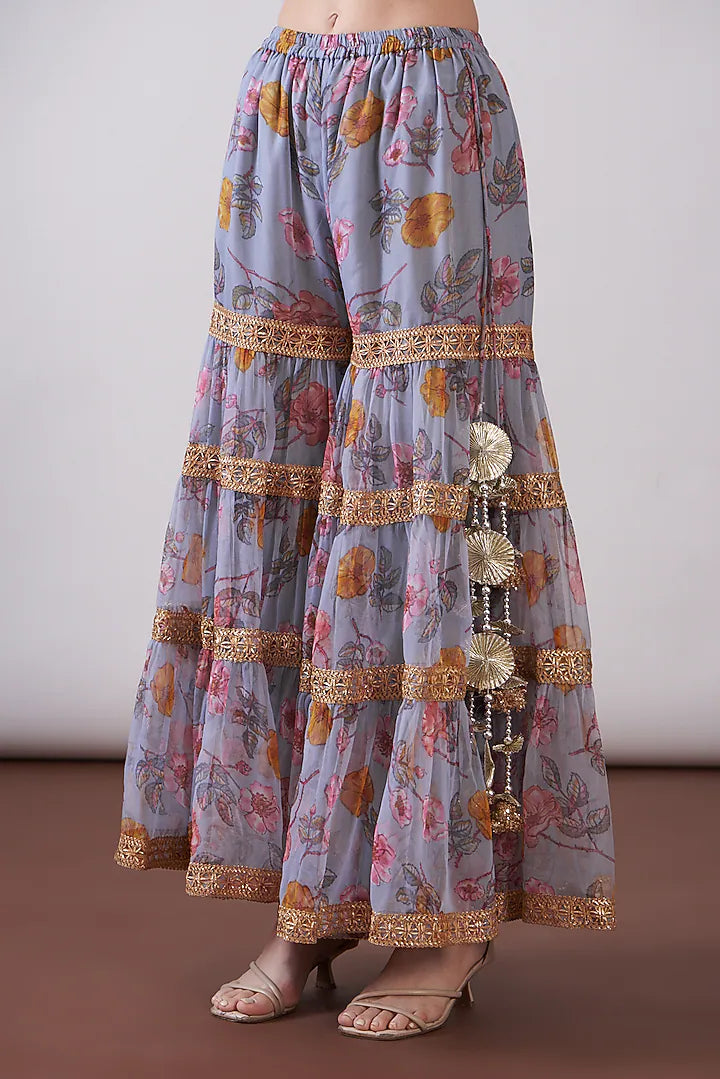 Grey Georgette Viscose Printed & Embroidered Gharara Set