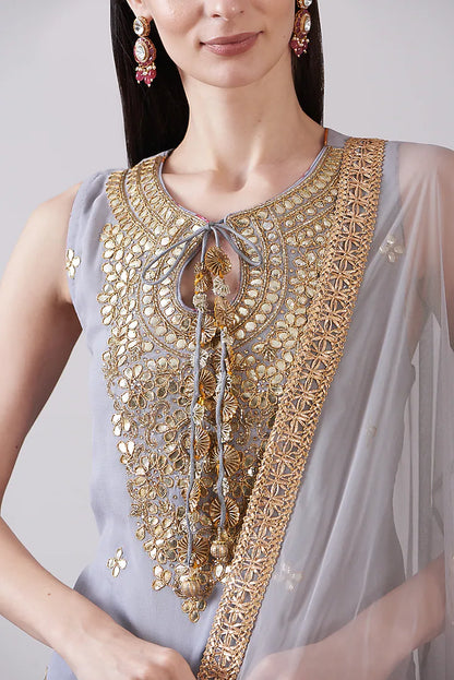 Grey Georgette Viscose Printed & Embroidered Gharara Set