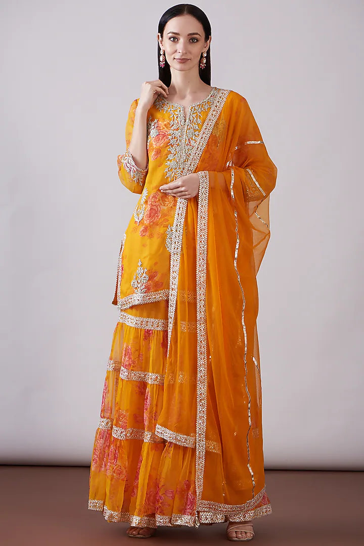 Orange Georgette Viscose Printed & Embroidered Gharara Set