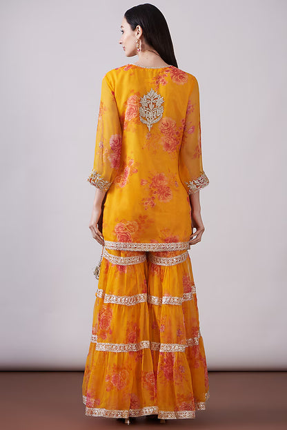 Orange Georgette Viscose Printed & Embroidered Gharara Set