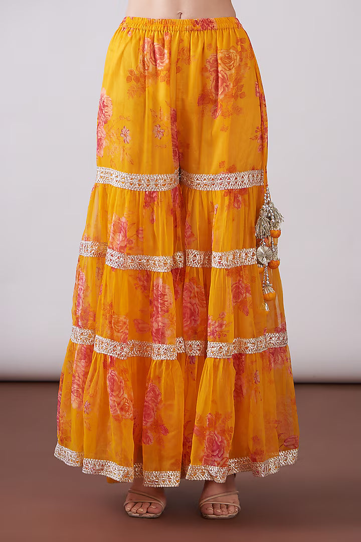 Orange Georgette Viscose Printed & Embroidered Gharara Set