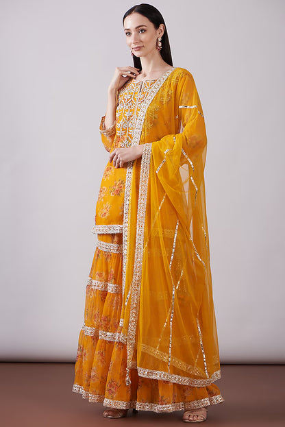 Orange Georgette Viscose Printed & Embroidered Gharara Set