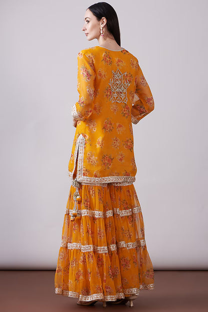 Orange Georgette Viscose Printed & Embroidered Gharara Set