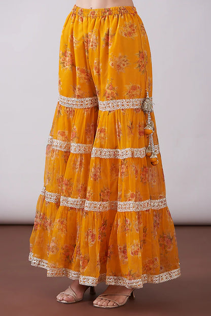 Orange Georgette Viscose Printed & Embroidered Gharara Set