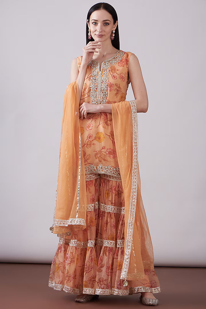 Peach Georgette Viscose Printed & Embroidered Gharara Set