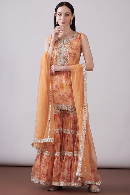 Peach Georgette Viscose Printed & Embroidered Gharara Set