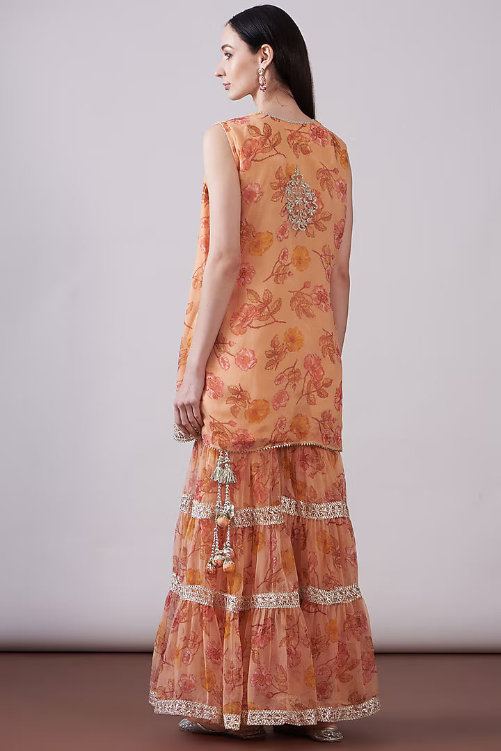 Peach Georgette Viscose Printed & Embroidered Gharara Set