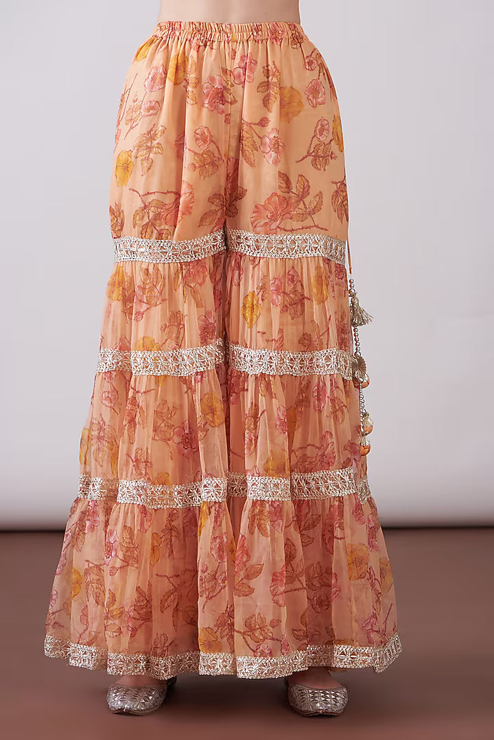 Peach Georgette Viscose Printed & Embroidered Gharara Set