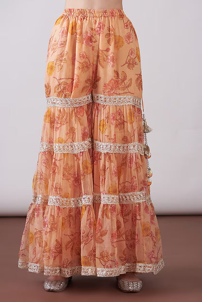 Peach Georgette Viscose Printed & Embroidered Gharara Set