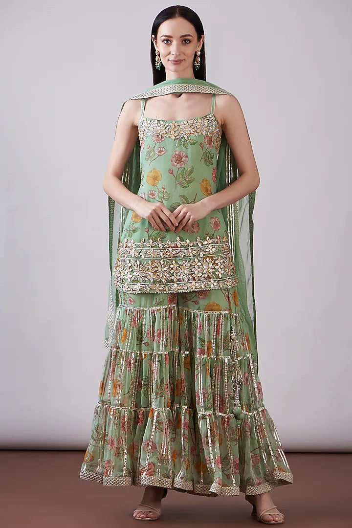 Green Georgette Viscose Printed & Embroidered Gharara Set