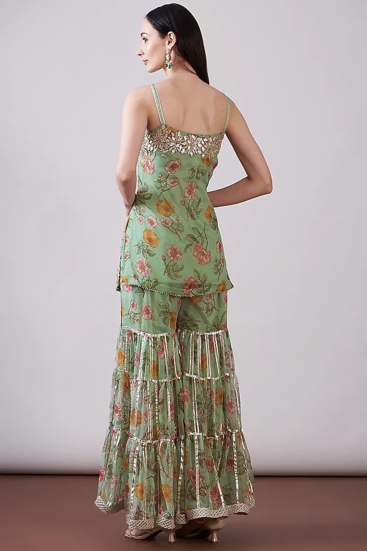 Green Georgette Viscose Printed & Embroidered Gharara Set