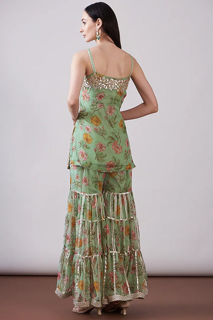Green Georgette Viscose Printed & Embroidered Gharara Set