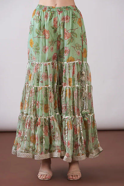 Green Georgette Viscose Printed & Embroidered Gharara Set