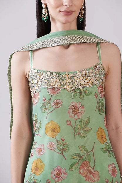 Green Georgette Viscose Printed & Embroidered Gharara Set