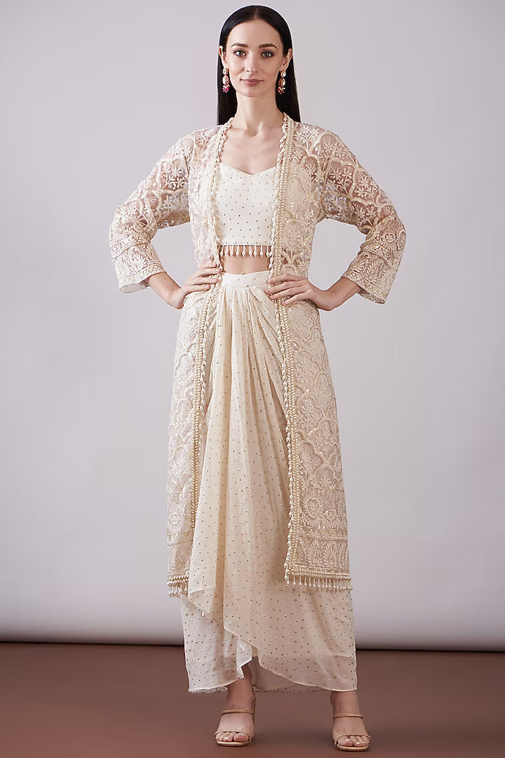 Ivory Net Printed & Embroidered Jacket Set