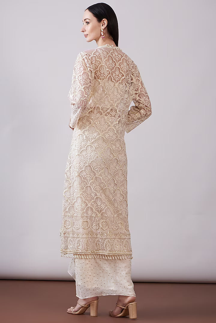 Ivory Net Printed & Embroidered Jacket Set
