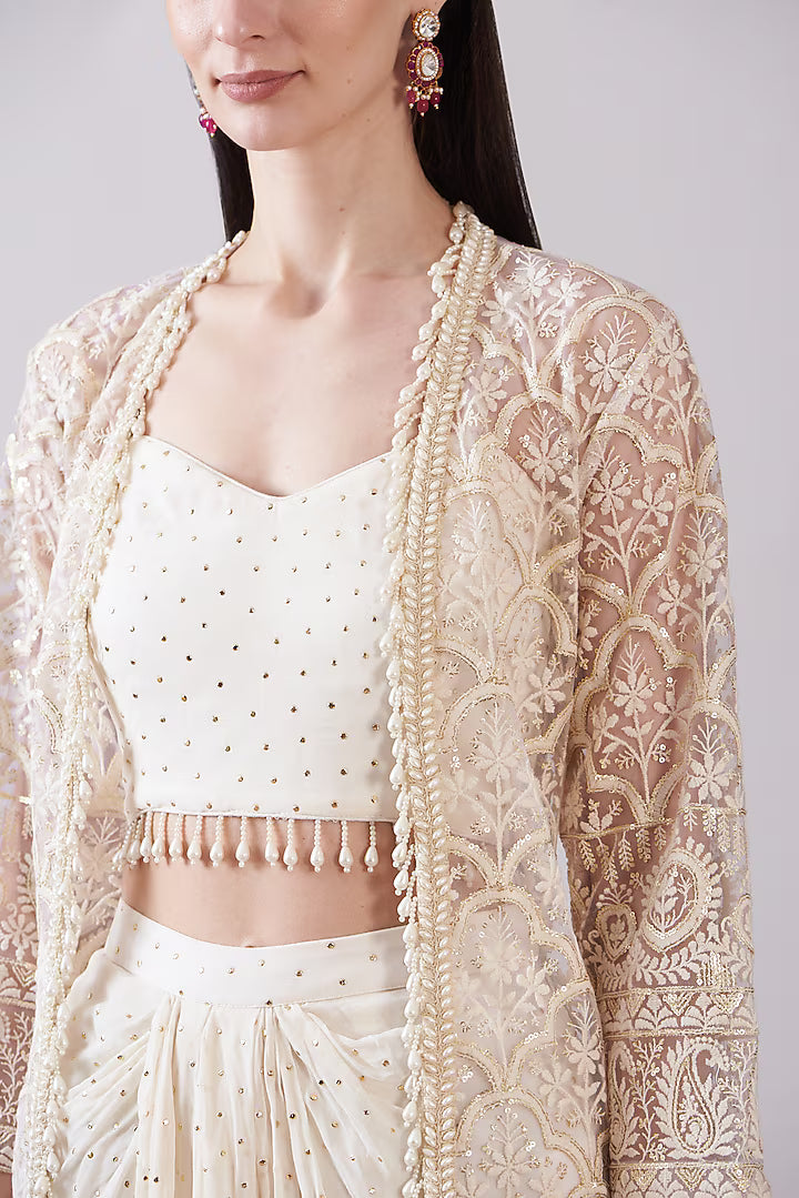 Ivory Net Printed & Embroidered Jacket Set