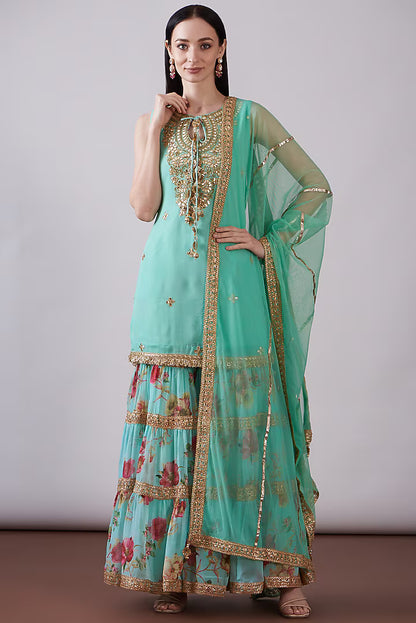 Green Georgette Viscose Printed & Embroidered Gharara Set