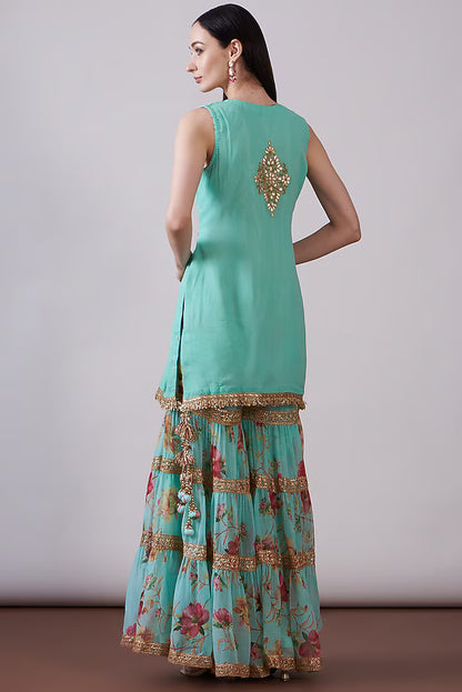 Green Georgette Viscose Printed & Embroidered Gharara Set