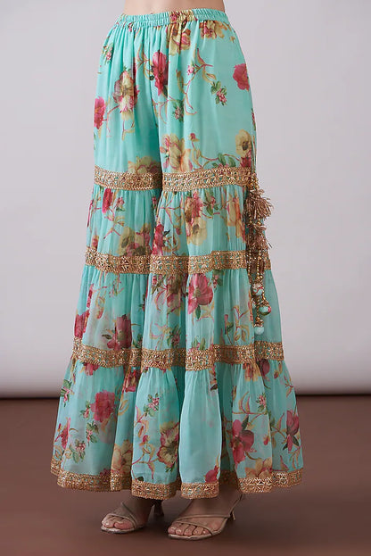 Green Georgette Viscose Printed & Embroidered Gharara Set