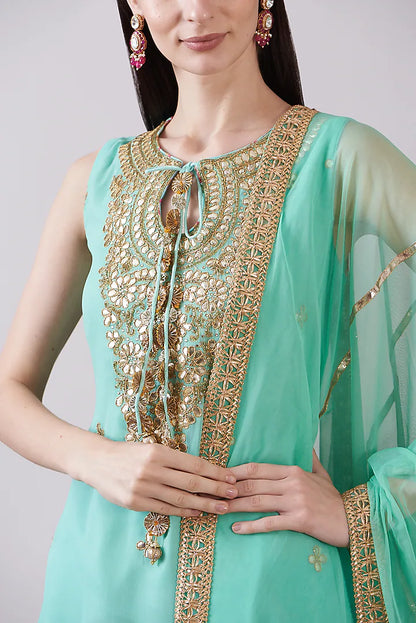 Green Georgette Viscose Printed & Embroidered Gharara Set