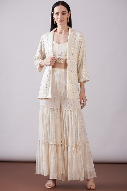 Ivory Georgette Viscose Embroidered Gharara Set
