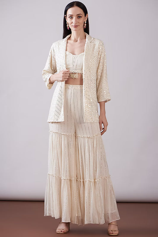Ivory Georgette Viscose Embroidered Gharara Set