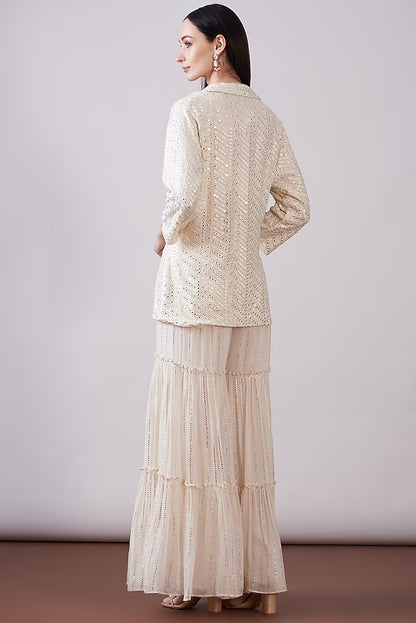 Ivory Georgette Viscose Embroidered Gharara Set