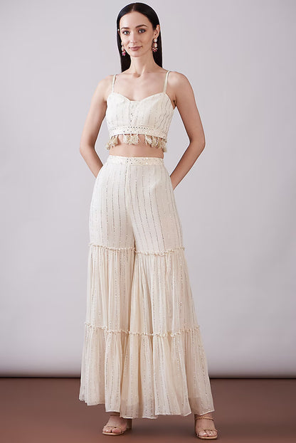 Ivory Georgette Viscose Embroidered Gharara Set