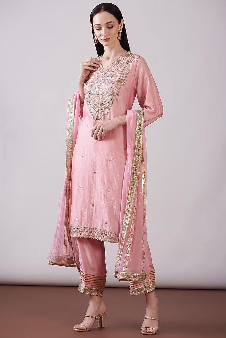 Pink Chanderi Silk Embroidered Kurta Set