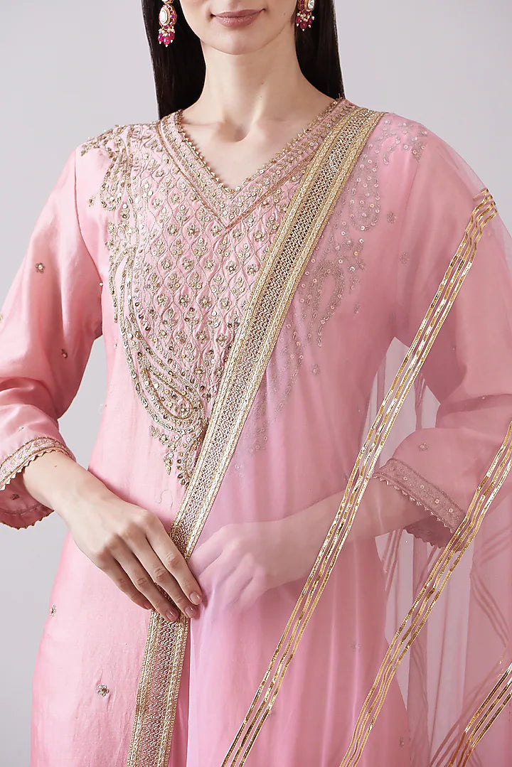 Pink Chanderi Silk Embroidered Kurta Set