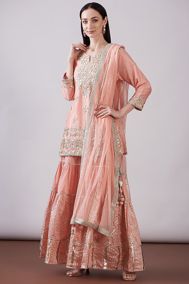 Peach Georgette Viscose Embroidered Gharara Set