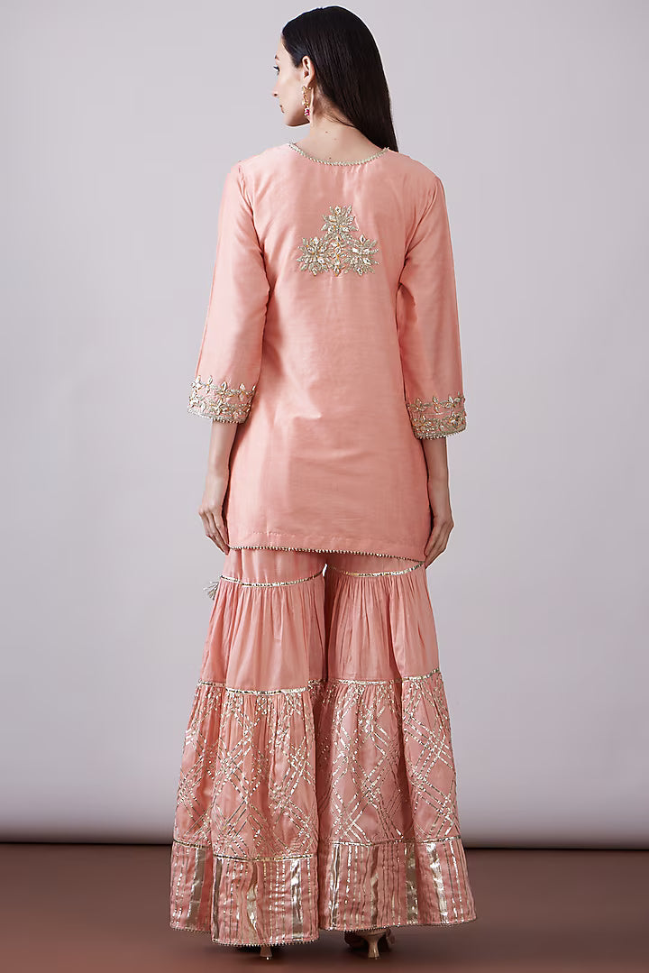 Peach Georgette Viscose Embroidered Gharara Set