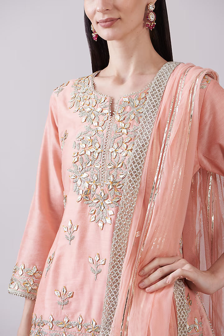 Peach Georgette Viscose Embroidered Gharara Set
