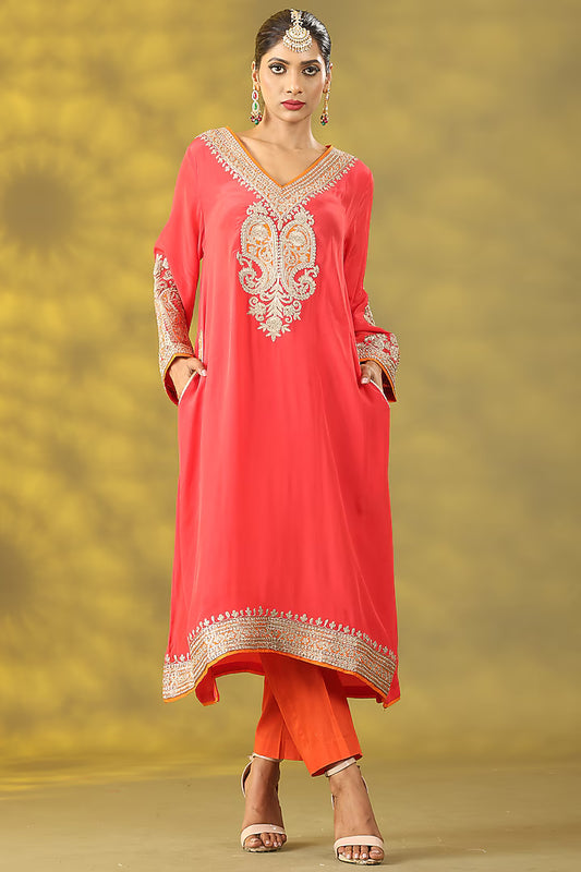 Valentine Red Crepe Tilla Embroidered Phiran Kurta Set