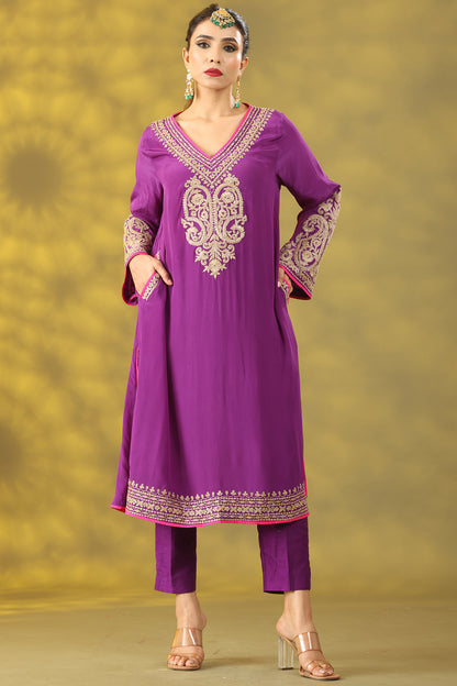 Purple Crepe Tilla Embroidered Phiran Kurta Set