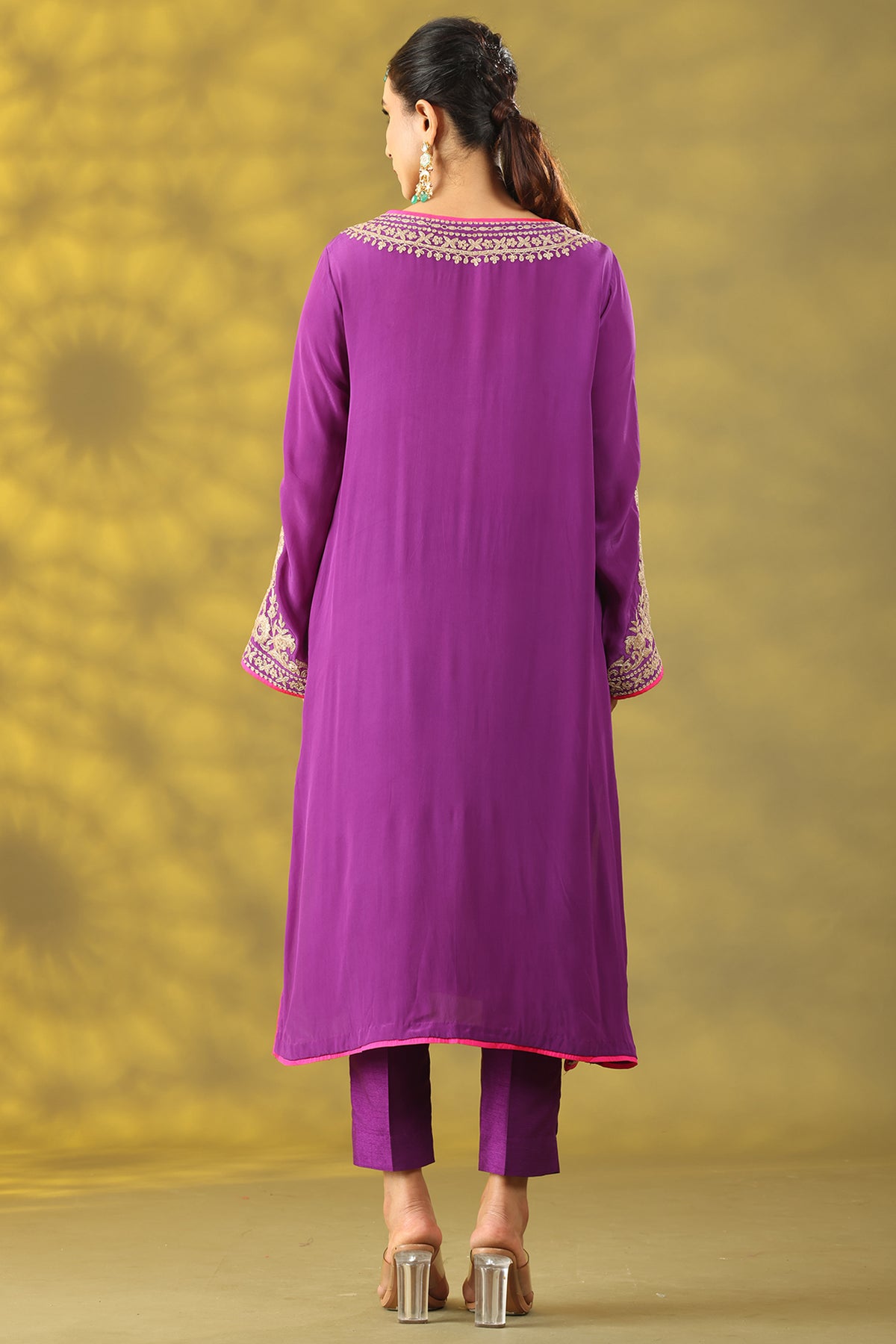 Purple Crepe Tilla Embroidered Phiran Kurta Set