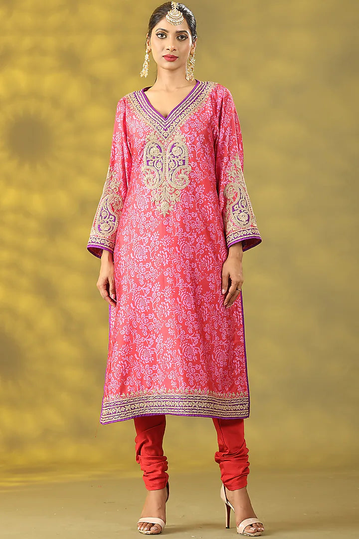 Salmon Pink Dupion Tilla Embroidered & Printed Phiran Kurta Set
