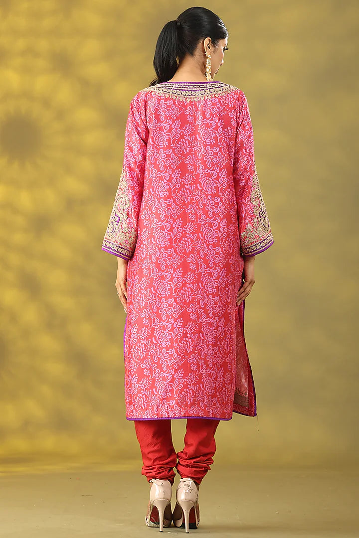 Salmon Pink Dupion Tilla Embroidered & Printed Phiran Kurta Set