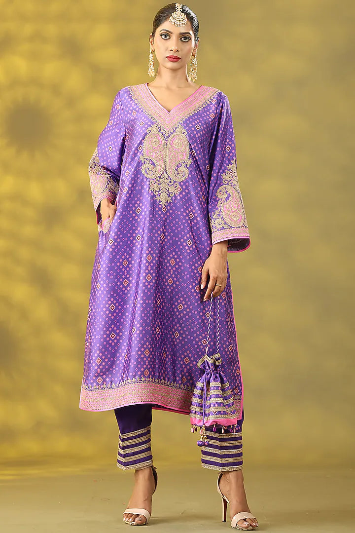 Soft Purple Dupion & Crepe Tilla Embroidered Phiran Kurta Set