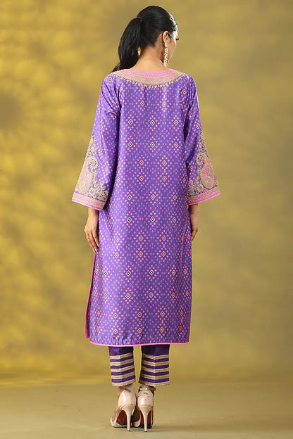 Soft Purple Dupion & Crepe Tilla Embroidered Phiran Kurta Set