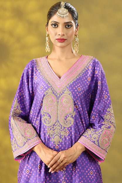 Soft Purple Dupion & Crepe Tilla Embroidered Phiran Kurta Set