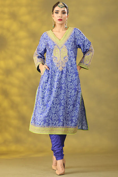 Blueberry Crepe Tilla Embroidered & Printed Phiran Kurta Set