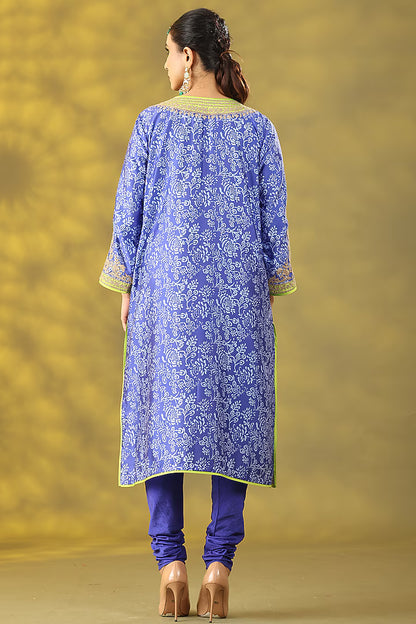 Blueberry Crepe Tilla Embroidered & Printed Phiran Kurta Set